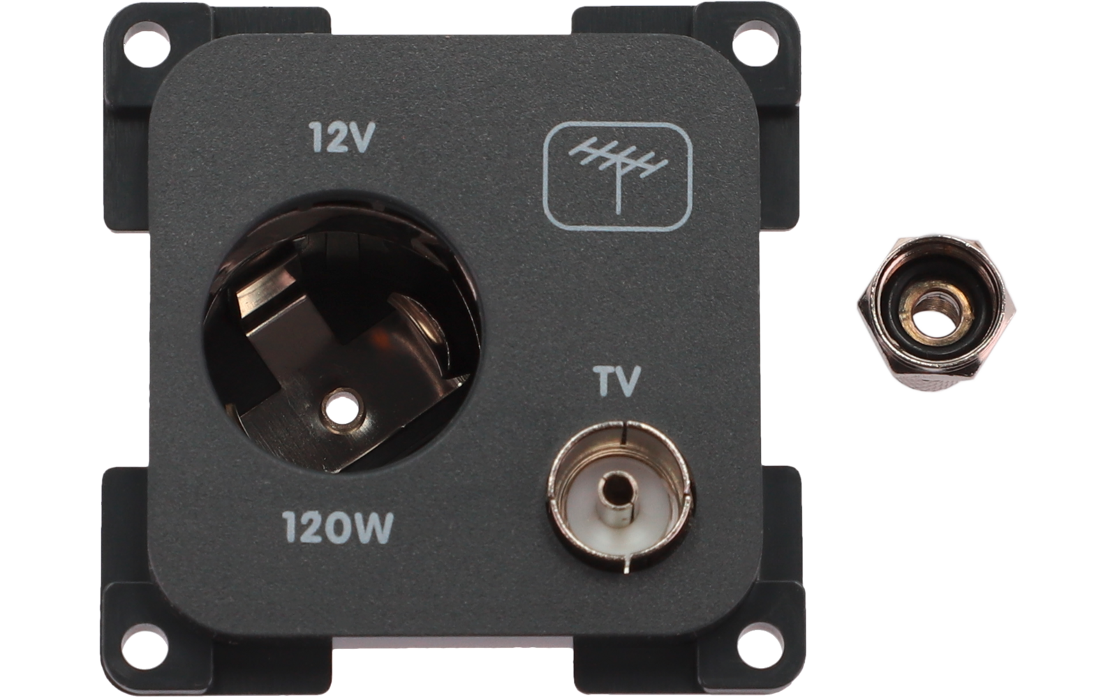 Dunkelgraues quadratisches Panel mit vier Montageöffnungen, runde 12V-Steckdose beschriftet "12V" und "120W", koaxialer TV-Anschluss beschriftet "TV", einzelne sechseckige Mutter rechts
