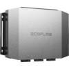 Silbernes rechteckiges Metallgehäuse an einer Halterung, vorne mittig das Logo "ECOFLOW", unten drei beschriftete Anschlüsse "ALT IN", "SOLAR IN", "BATTERY"