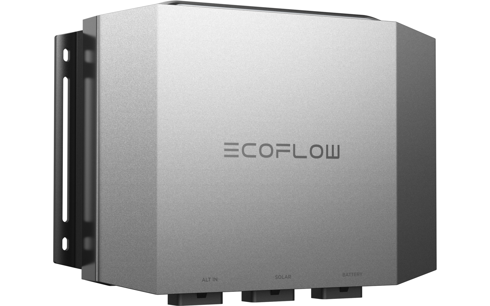 Silbernes rechteckiges Metallgehäuse an einer Halterung, vorne mittig das Logo "ECOFLOW", unten drei beschriftete Anschlüsse "ALT IN", "SOLAR IN", "BATTERY"