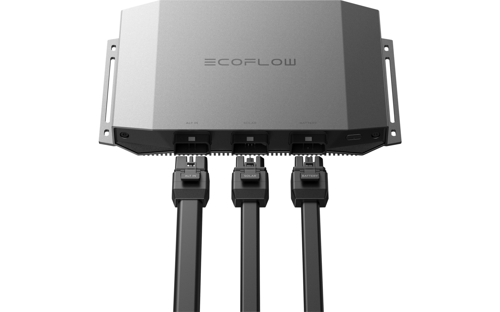 Silbernes rechteckiges Gehäuse mit 'ECOFLOW'-Logo oben, seitliche Montageplatten, drei schwarze Kabel, die unten angeschlossen sind; Kabelanschlüsse beschriftet 'ALT IN', 'SOLAR', 'BATTERY'