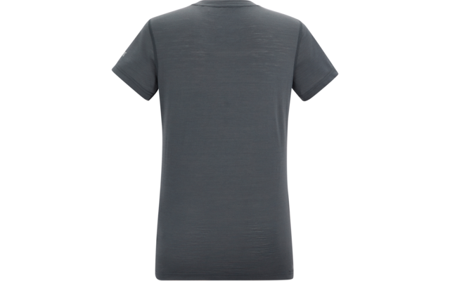 Rückenansicht eines dunkelgrauen kurzärmeligen T‑Shirts mit Rundhals auf weißem Hintergrund