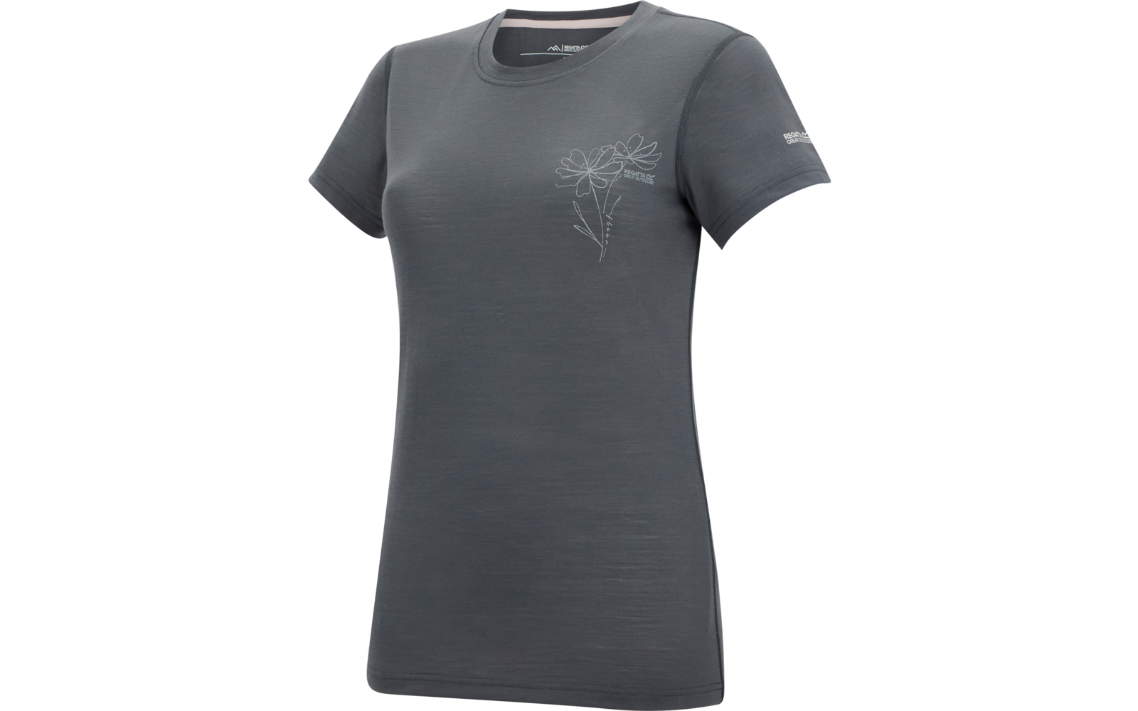 Dunkelgraues, kurzärmeliges Damen-T-Shirt mit Rundhals, schmaler Passform, zarter Blumenlinienaufdruck links auf der Brust und kleinem Logo auf dem linken Ärmel, freigestellt auf weißem Hintergrund