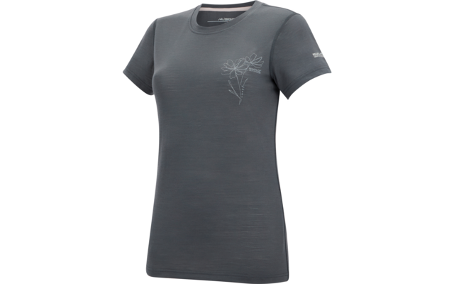 Dunkelgraues, kurzärmeliges Damen-T-Shirt mit Rundhals, schmaler Passform, zarter Blumenlinienaufdruck links auf der Brust und kleinem Logo auf dem linken Ärmel, freigestellt auf weißem Hintergrund