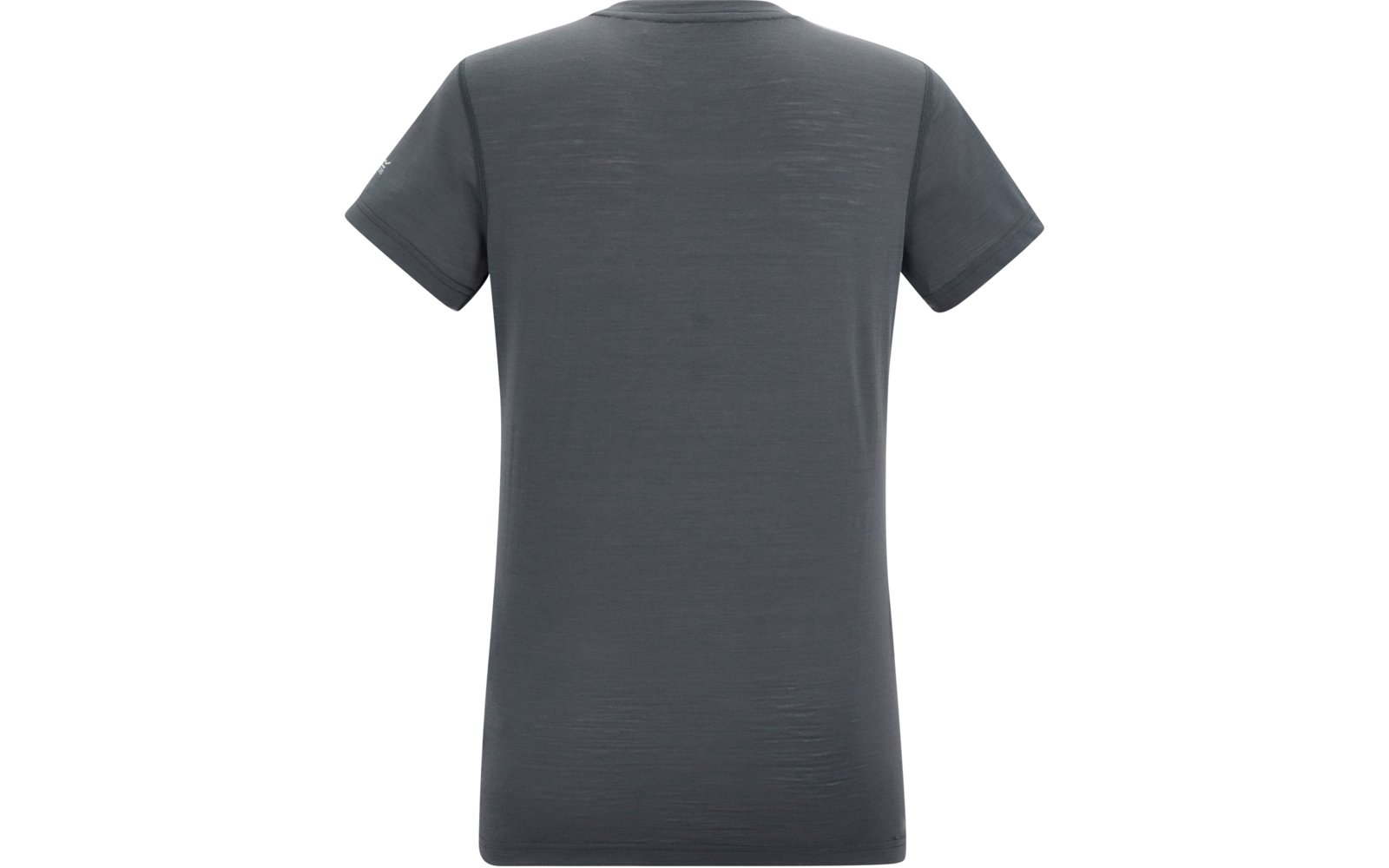 Rückenansicht eines dunkelgrauen kurzärmeligen T‑Shirts mit Rundhals auf weißem Hintergrund