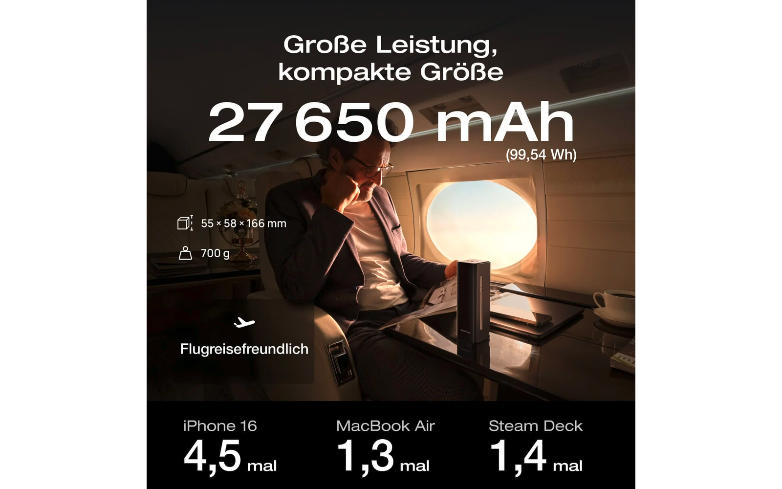 Smartphone neben Tischlampe auf Tisch, sichtbare Akkuanzeige mit 27.650 mAh