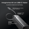 Abbildung eines integrierten 60 cm USB-C Kabels, das an einem grauen Gerät angeschlossen ist, mit Beschriftungen zur Langlebigkeit und Kabellänge