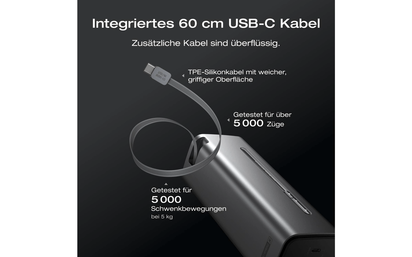 Abbildung eines integrierten 60 cm USB-C Kabels, das an einem grauen Gerät angeschlossen ist, mit Beschriftungen zur Langlebigkeit und Kabellänge