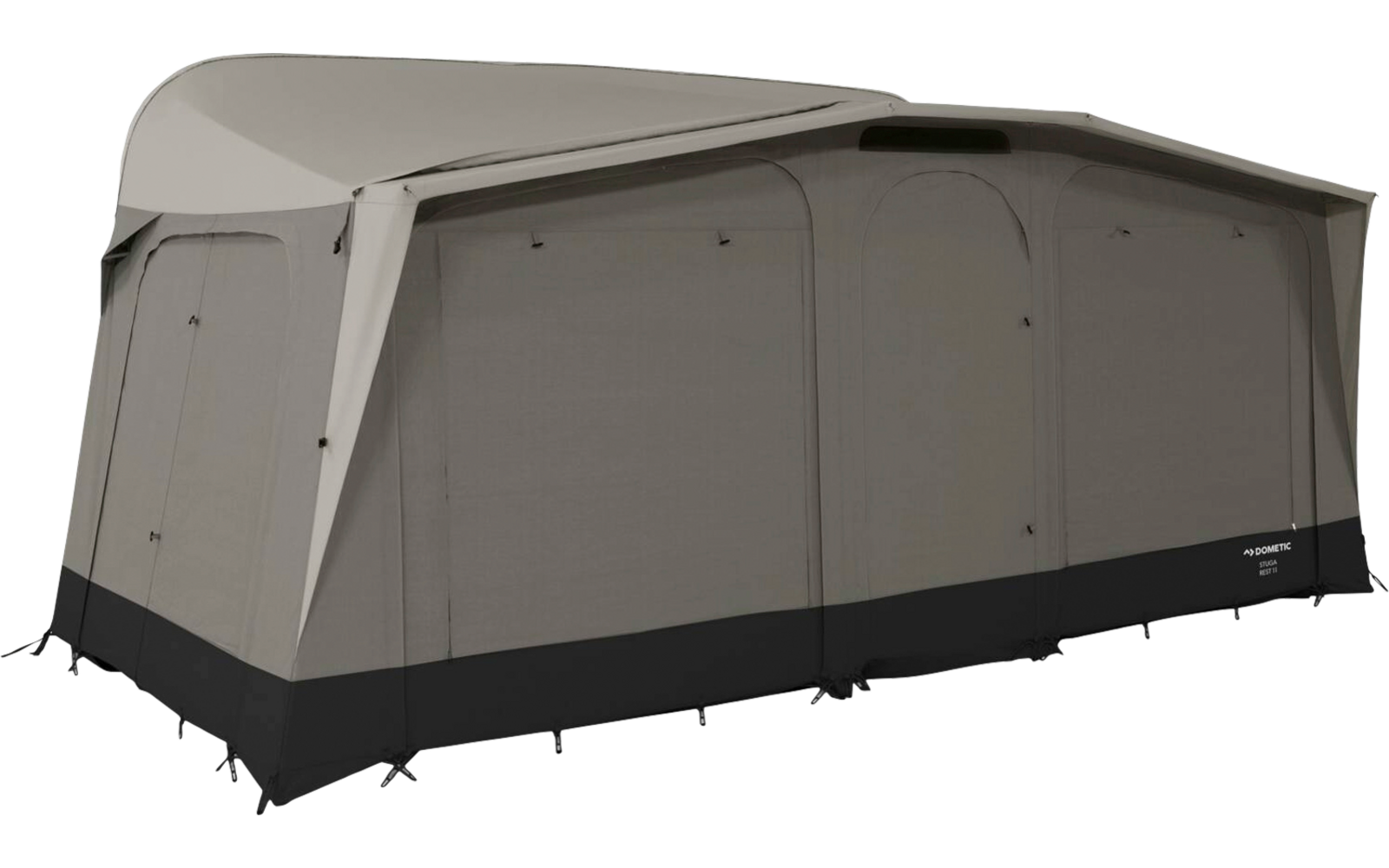 Großes rechteckiges Campingzelt mit geschlossenen Seitenwänden, Netzfenstern, hellgrauem Stoff und schwarzem Saum