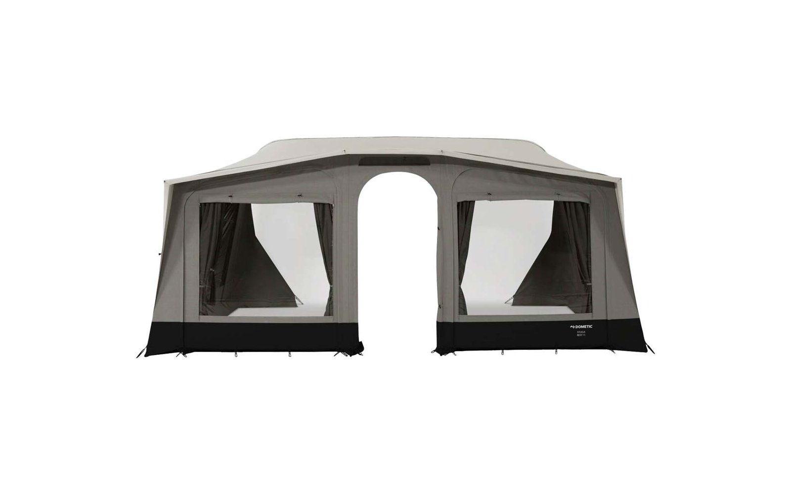 Large light-beige and gray tent with two rectangular windows with open curtains and a central arched doorway