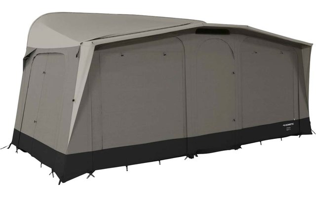 Large rectangular camping tent with closed side panels, mesh windows, light gray fabric and black base