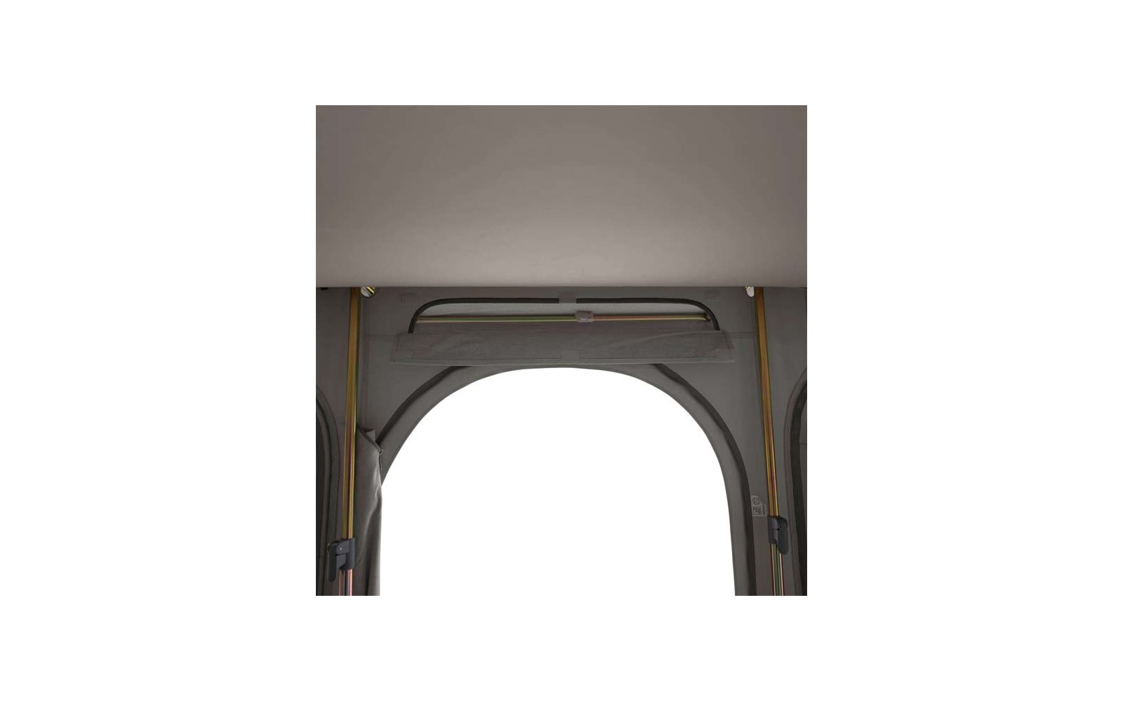 Interior view of an arched window with gray frame, raised transparent cover, black horizontal bar at top, yellow cables along the sides, bright white exterior