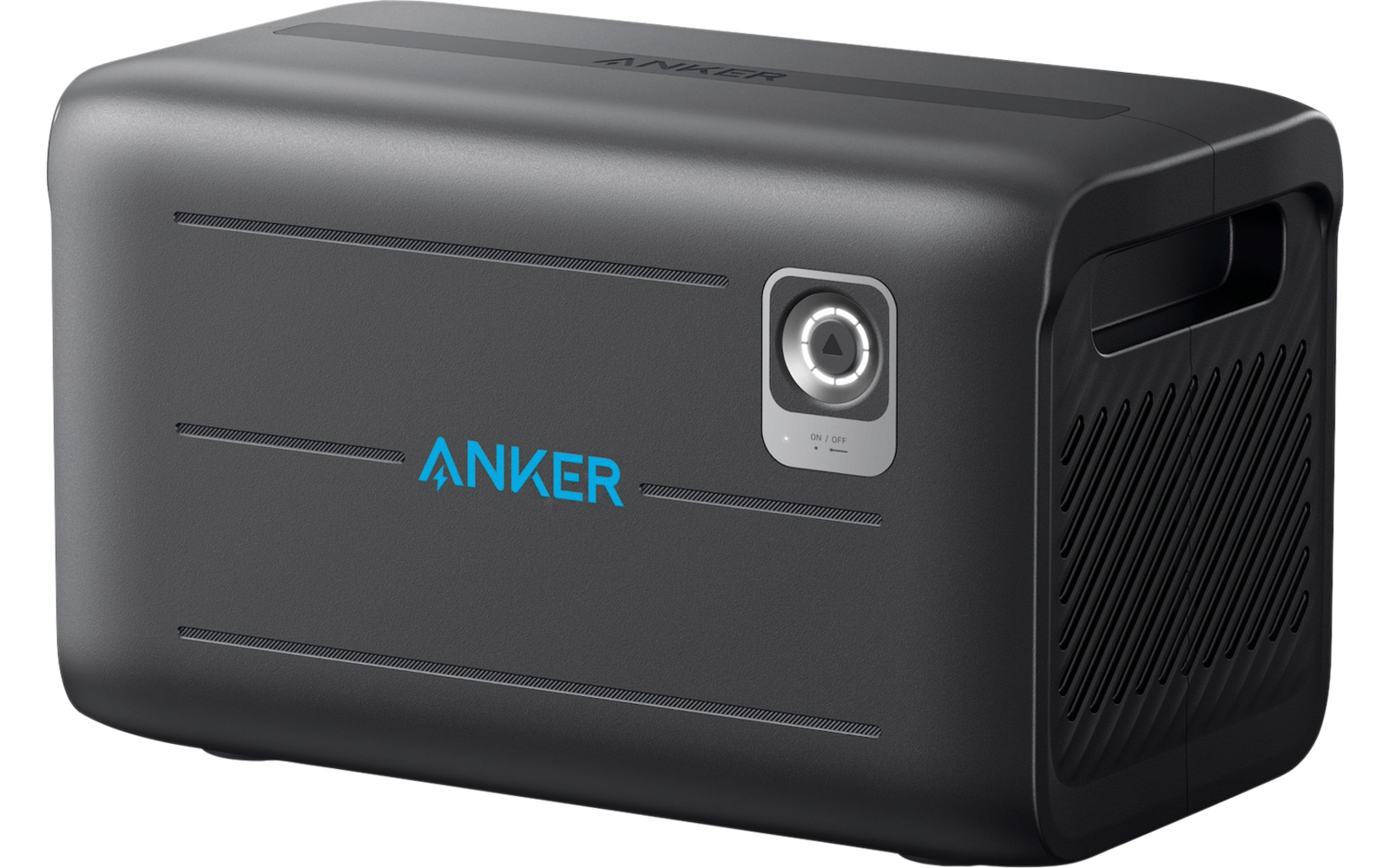 Batterie externe noire Anker de forme rectangulaire avec un objectif ressemblant à une caméra à l'avant