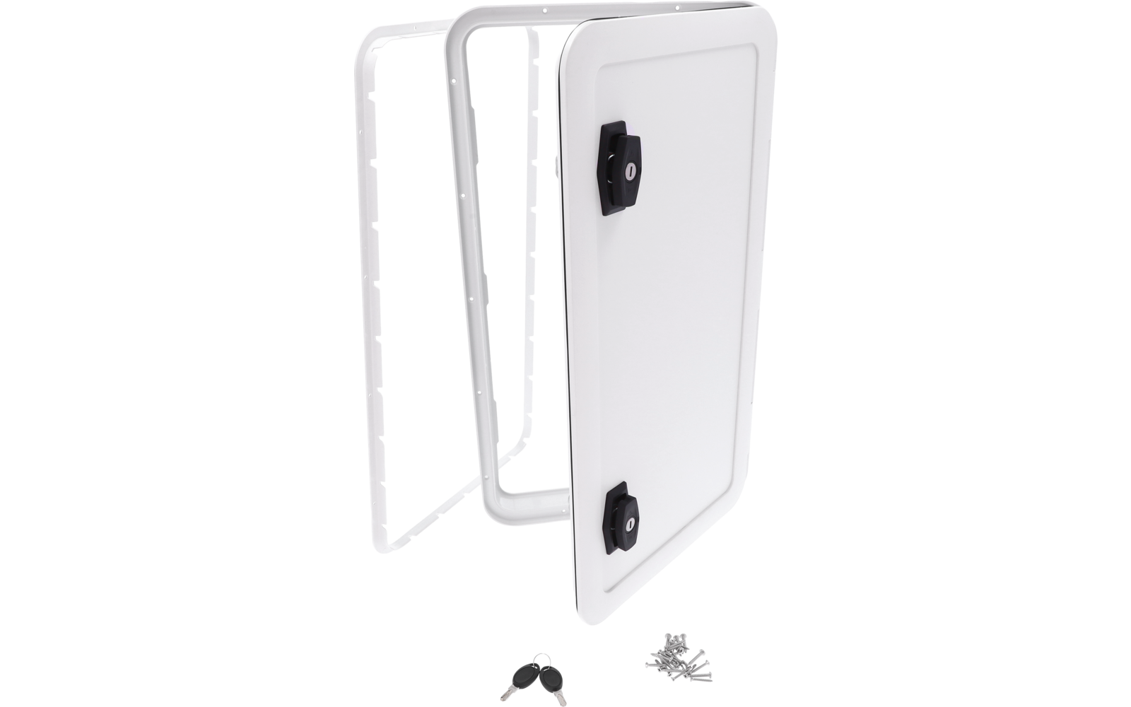 Panneau métallique rectangulaire blanc avec deux éléments de serrure noirs, cadre métallique blanc en arrière-plan, trousseau de clés et petites vis devant