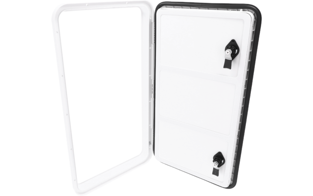 Panneau rectangulaire blanc ouvert, cadre ouvert à gauche, porte à droite avec trois sections horizontales encastrées et deux verrous noirs