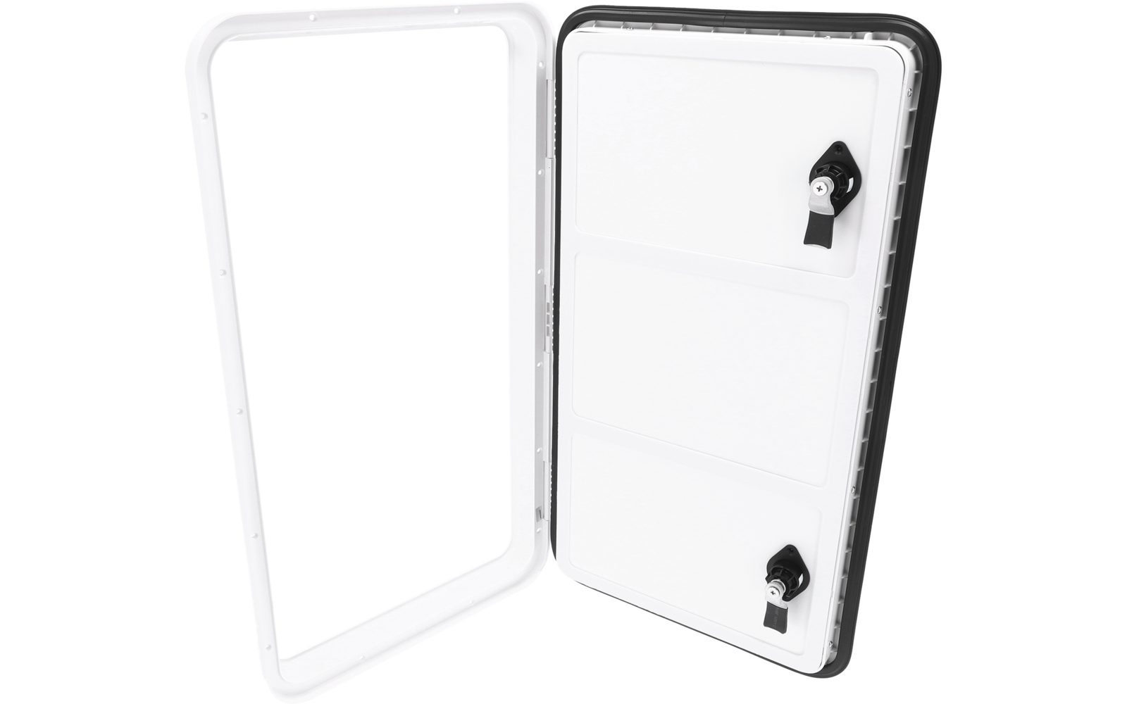Panneau rectangulaire blanc ouvert, cadre ouvert à gauche, porte à droite avec trois sections horizontales encastrées et deux verrous noirs