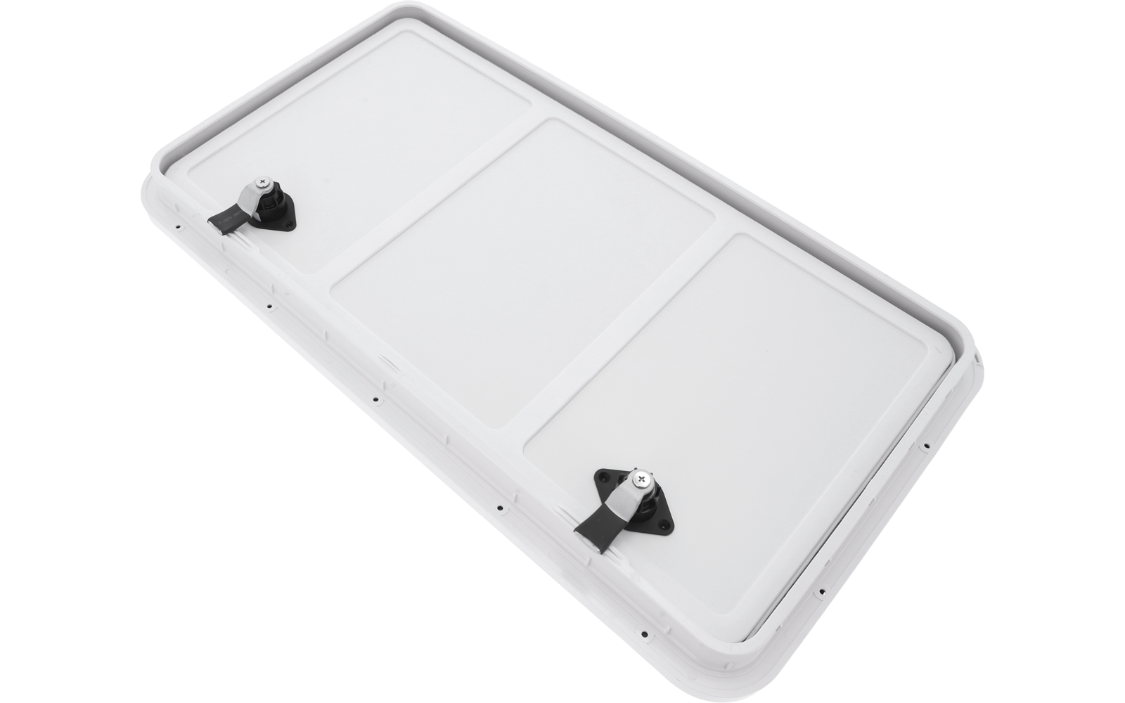 Panneau rectangulaire blanc avec trois sections rectangulaires creusées et deux fixations noires triangulaires avec vis argentée