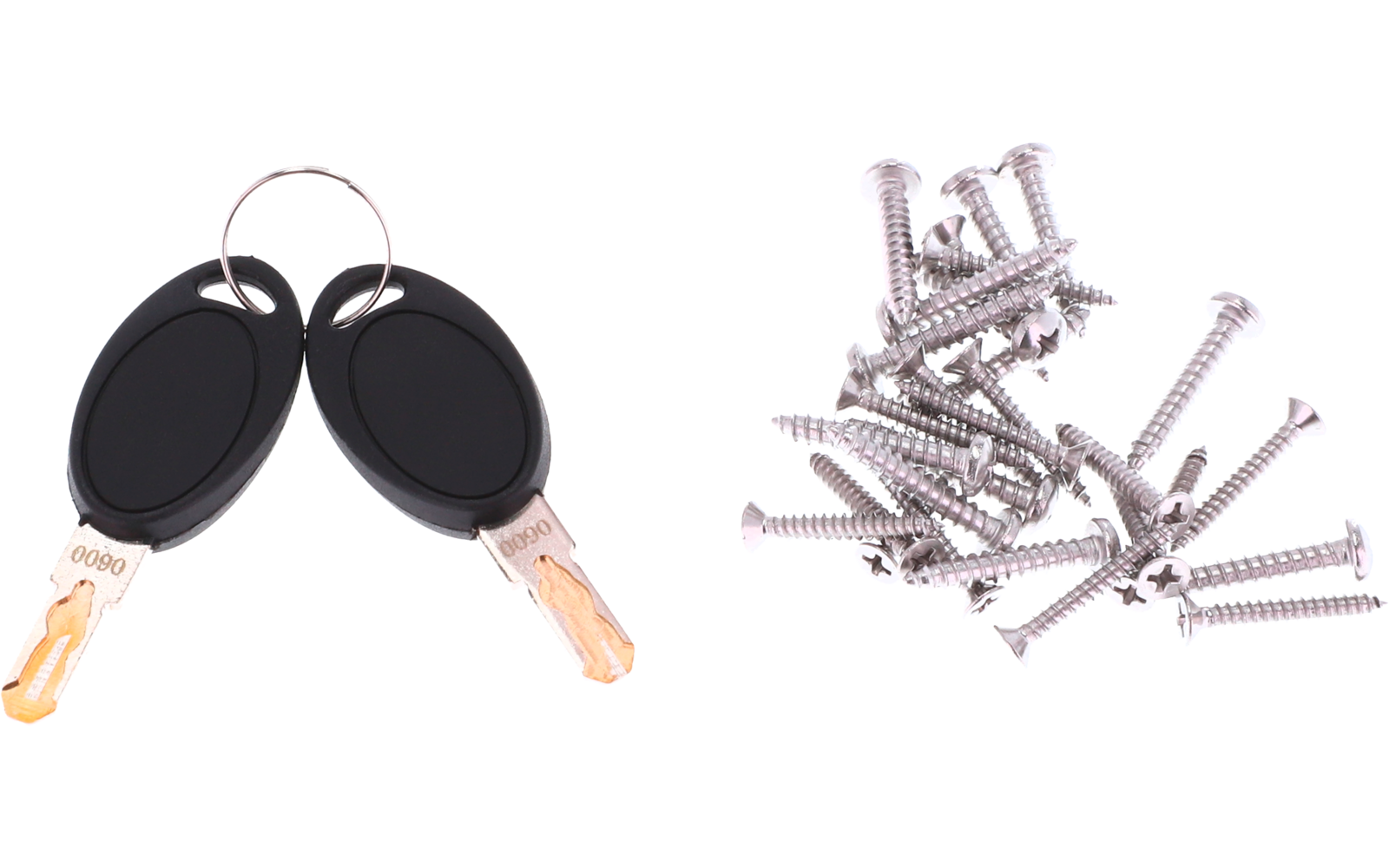 Deux clés avec tête en plastique noire sur un porte-clés à gauche ; en haut à droite un petit tas de vis argentées sur fond blanc