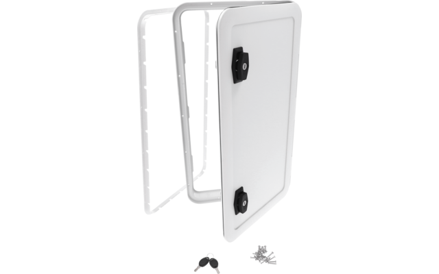 Weißes rechteckiges Metallpaneel mit zwei schwarzen Schlossteilen, weißer Metallrahmen im Hintergrund, Schlüsselbund und kleine Schrauben davor