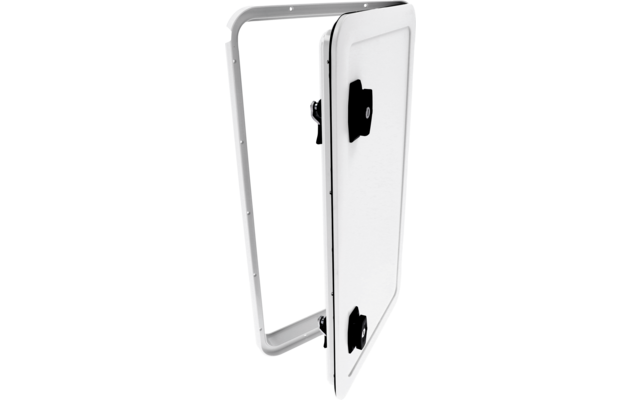 Geöffnete weiße rechteckige Metalltür mit zwei schwarzen Drehverschlüssen, sichtbarer Rahmen und Scharniere