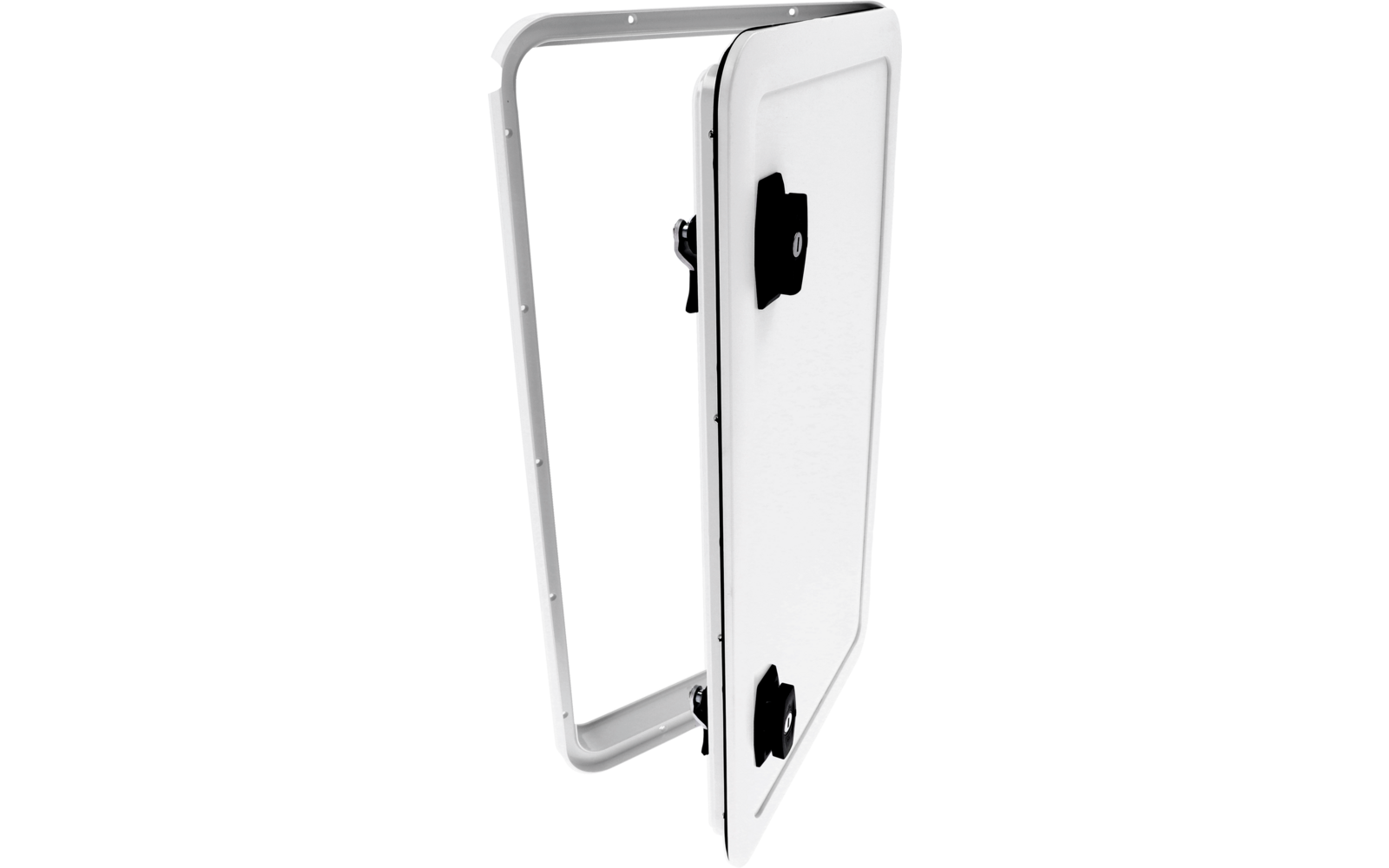 Geöffnete weiße rechteckige Metalltür mit zwei schwarzen Drehverschlüssen, sichtbarer Rahmen und Scharniere