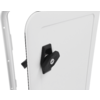Weißes rechteckiges Paneel mit abgerundeten Ecken und schwarzem Drehgriff mit rundem Einsatz; seitlicher Rahmen mit sichtbaren Schrauben
