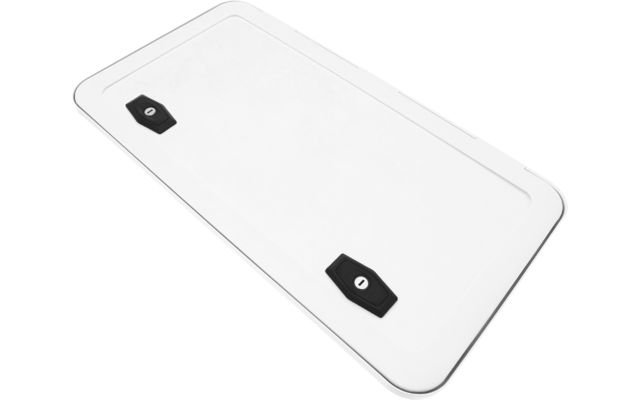 Weiße rechteckige Platte mit zwei schwarzen Verschlüssen