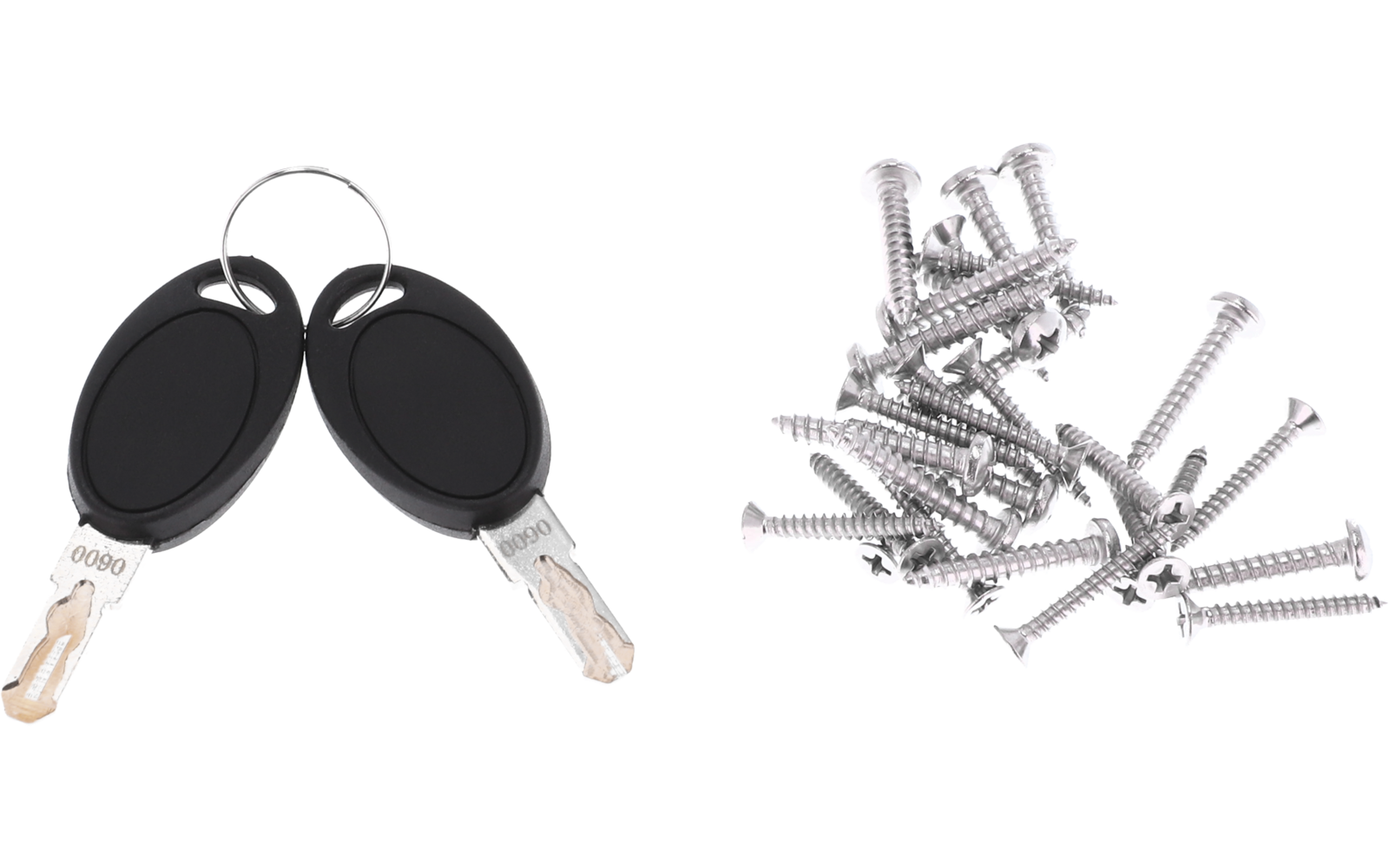 Zwei Schlüssel mit schwarzem Kunststoffkopf an einem Schlüsselring links; oben rechts ein kleiner Haufen silberner Schrauben auf weißem Hintergrund