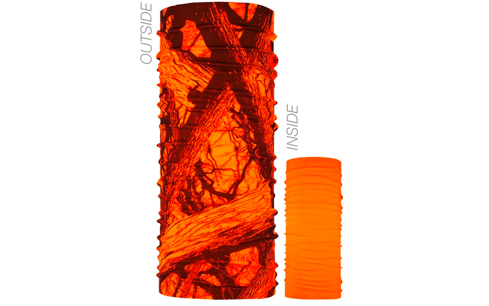 Deux tubes cylindriques en tissu orange côte à côte : à gauche plus grand avec un motif sombre et irrégulier, à droite plus petit uni orange ; à gauche 'OUTSIDE', à droite 'INSIDE'