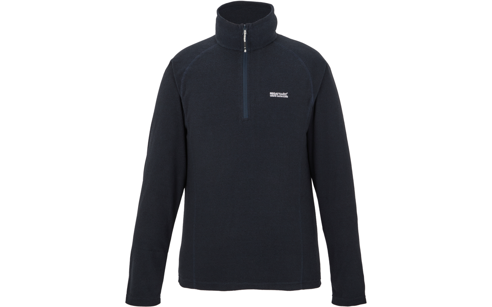 Dunkelblauer Fleece-Pullover mit halbem Reißverschluss und hohem Kragen, lange Ärmel, kleines weißes Logo auf linker Brust, weißer Hintergrund