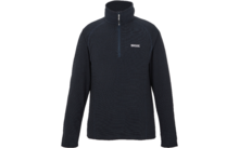 Dark blue fleece pullover with half zipper and high collar, long sleeves, small white logo on left chest, white background