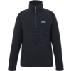 Dunkelblauer Fleece-Pullover mit halbem Reißverschluss und hohem Kragen, lange Ärmel, kleines weißes Logo auf linker Brust, weißer Hintergrund