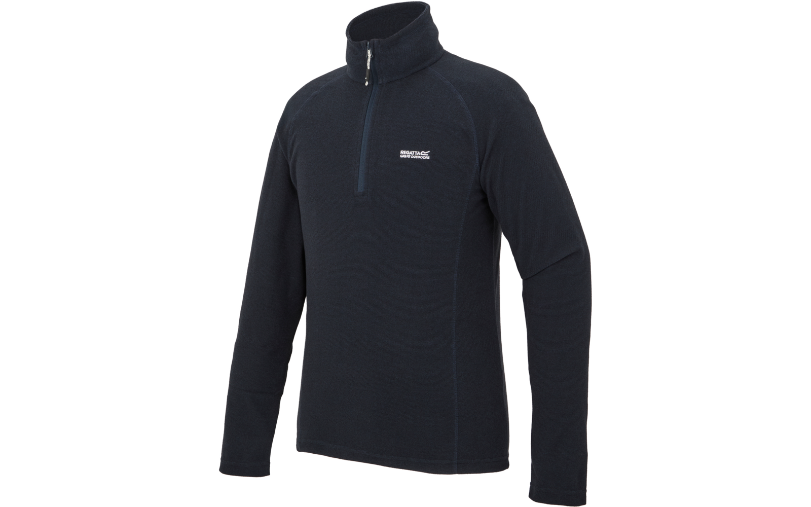 Dunkelblauer Fleecepullover mit kurzem Reißverschluss am Hals, langen Ärmeln und kleinem weißem Logo auf der linken Brust vor weißem Hintergrund