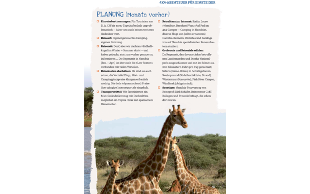 Magazinseite mit der Überschrift 'PLANUNG (Monate vorher)', mehreren Textspalten und einem Foto von zwei Giraffen in einer buschigen Savanne unter wolkigem Himmel