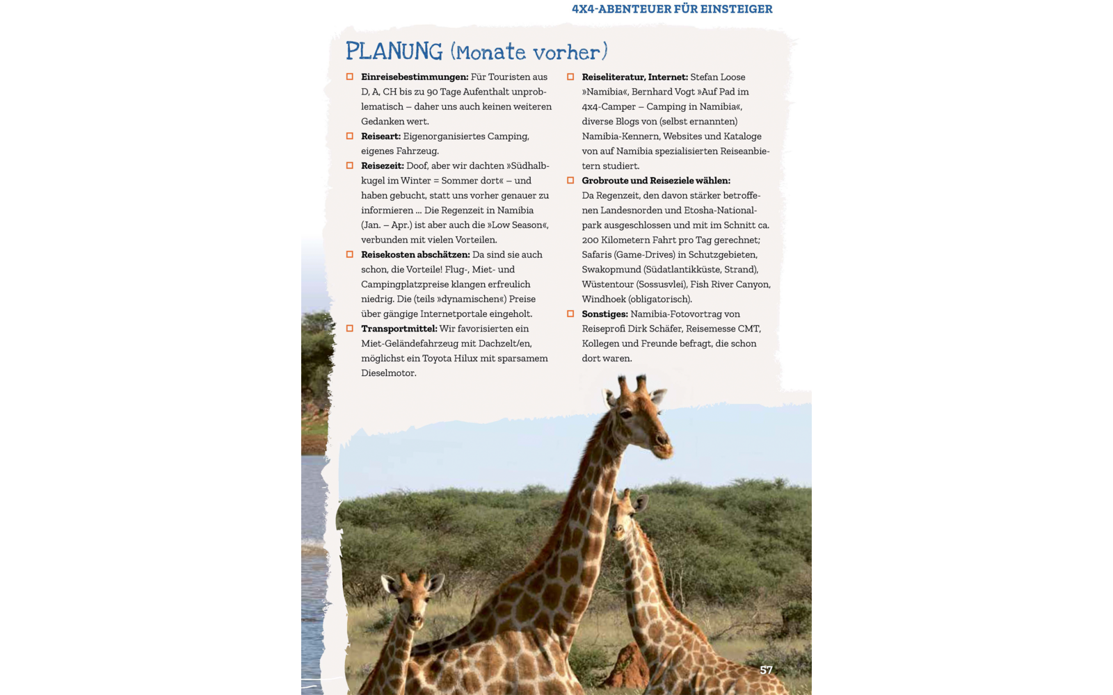 Magazinseite mit der Überschrift 'PLANUNG (Monate vorher)', mehreren Textspalten und einem Foto von zwei Giraffen in einer buschigen Savanne unter wolkigem Himmel