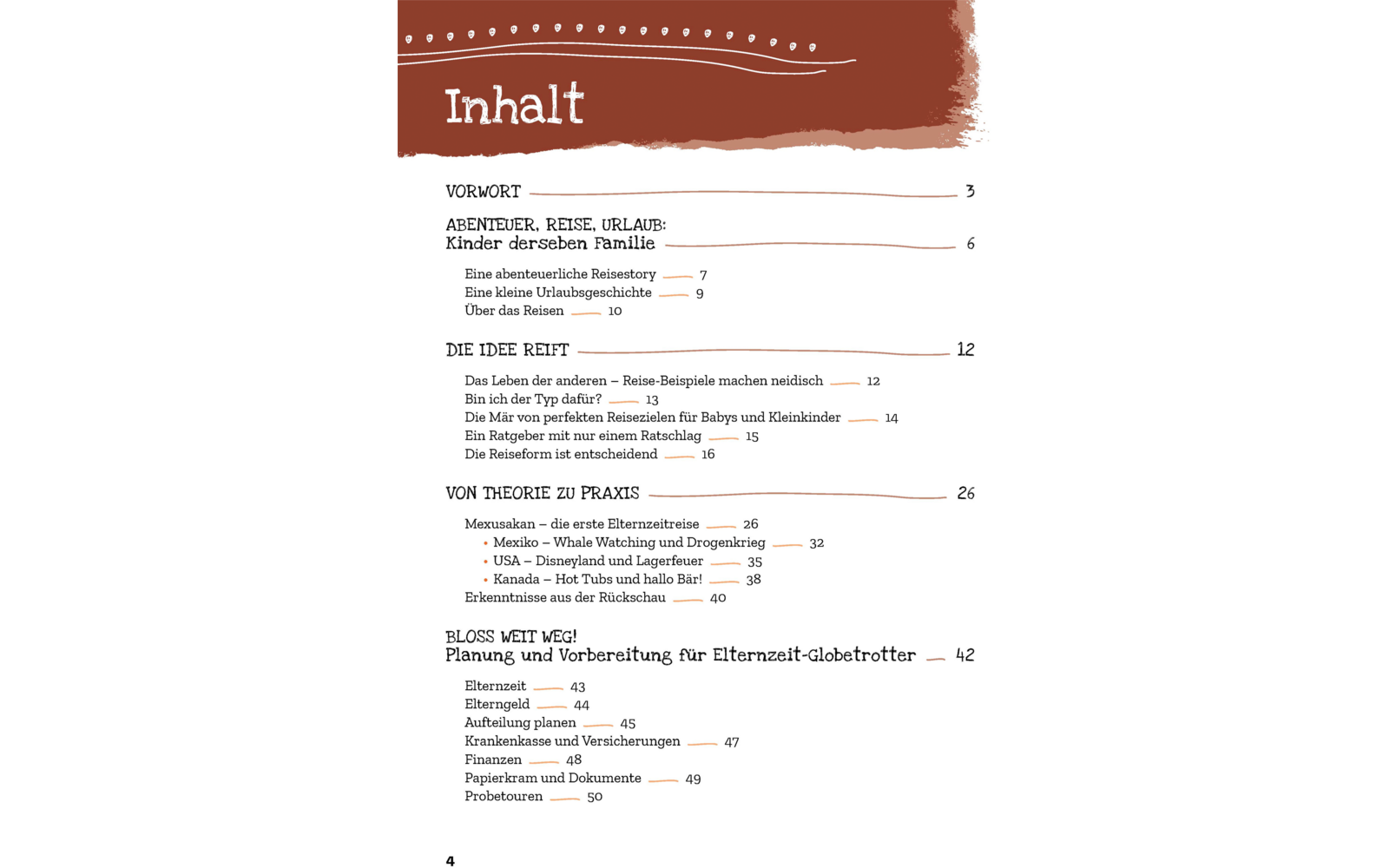 Seite mit der Überschrift "Inhalt" und darunter einer Liste von Einträgen mit Titeln und Seitenzahlen