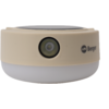 Dispositivo redondo beige y blanco con una luz circular central y el texto 'Berger'