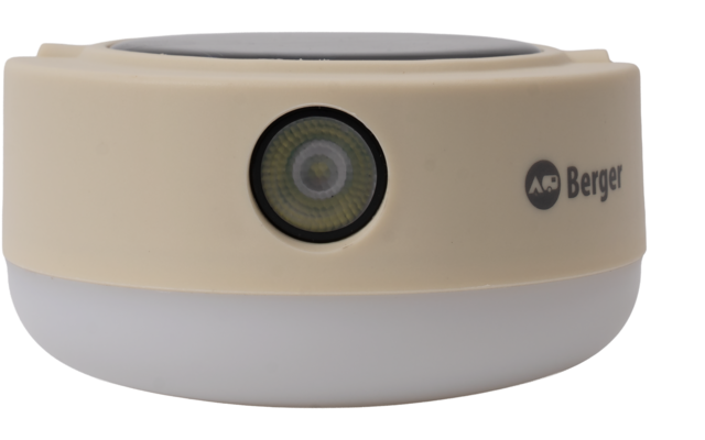 Dispositivo redondo beige y blanco con una luz circular central y el texto 'Berger'