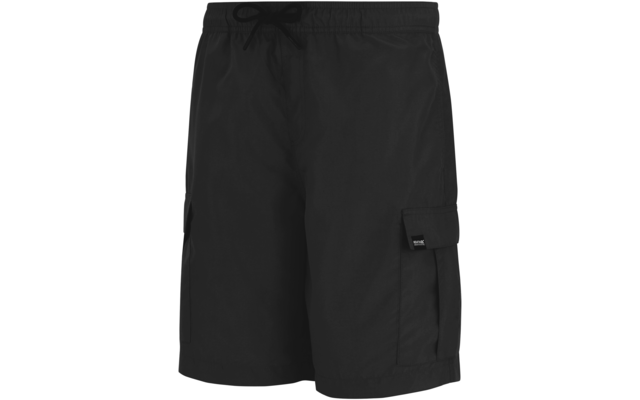 Schwarze Shorts mit elastischem Bund und Kordel, seitliche Taschen mit Klappen und kleinem Etikett an der rechten Tasche
