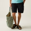 Unterkörper einer Person in schwarzer Shorts und türkisfarbenem Oberteil, mit schwarzen Sandalen und einer grün-weiß gestreiften Stofftasche in der Hand
