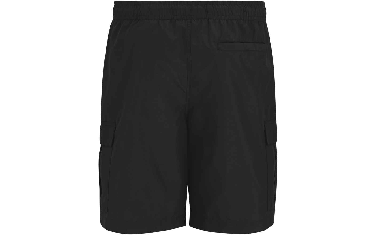 Schwarze Shorts mit elastischem Bund, eine hintere Tasche rechts und jeweils eine aufgesetzte Seitentasche an beiden Beinen