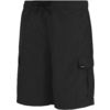 Schwarze Shorts mit elastischem Bund und Kordel, seitliche Taschen mit Klappen und kleinem Etikett an der rechten Tasche