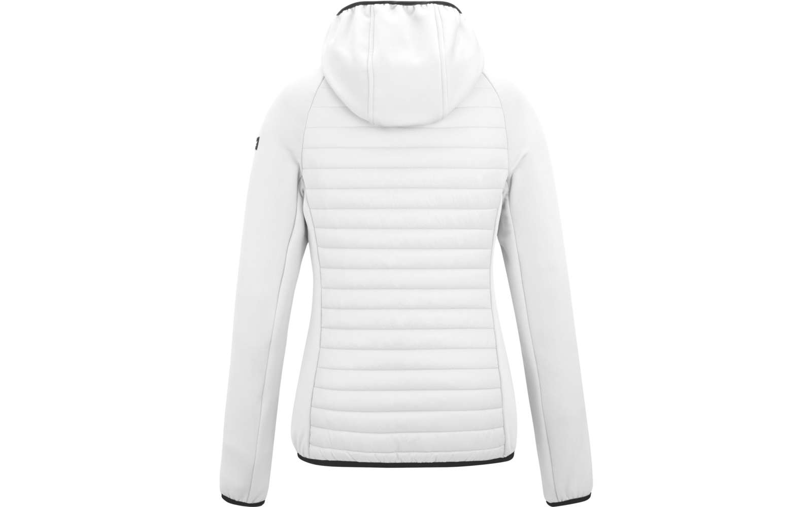 Weiße Kapuzenjacke, Rückansicht, gesteppter Rücken mit horizontalen Nähten, glatte Ärmel, schwarzer Saum- und Kapuzenrand