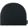 Schwarze gestrickte Mütze mit umgeschlagener Krempe und kleinem weißen Etikett an der Seite