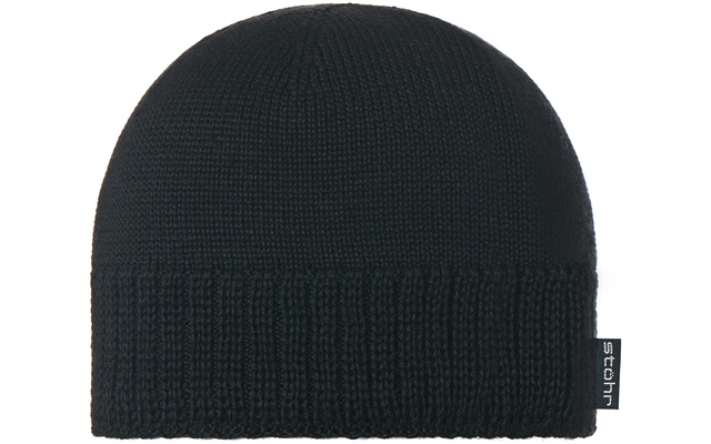 Schwarze gestrickte Mütze mit umgeschlagener Krempe und kleinem weißen Etikett an der Seite