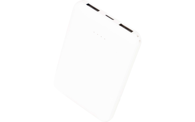 Wit rechthoekig apparaat met afgeronde hoeken, drie kleine LED-puntjes en twee USB-A-poorten en een USB-C-poort