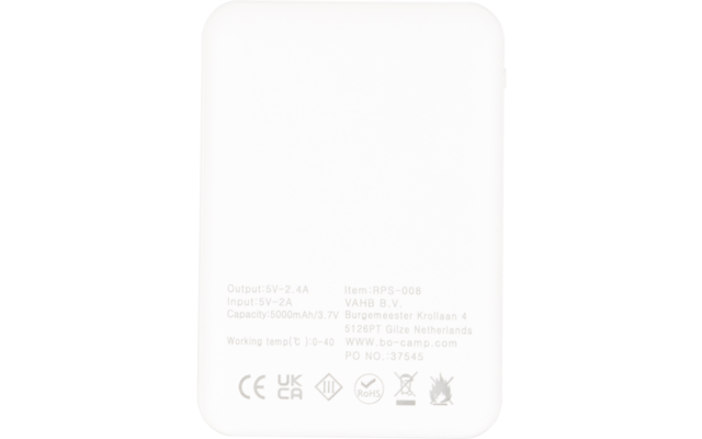 Wit rechthoekig apparaat met afgeronde hoeken, geprinte technische specificaties en certificeringssymbolen op het oppervlak