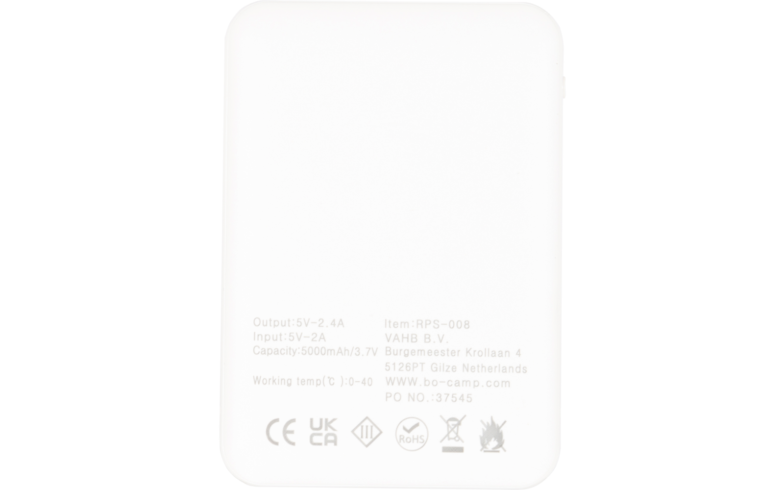 Wit rechthoekig apparaat met afgeronde hoeken, geprinte technische specificaties en certificeringssymbolen op het oppervlak