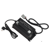 Schwarzes rechteckiges Gerät mit Aufschrift 'BATTERY CHARGER', angeschlossenem Netzkabel mit zweipoligem Stecker, Ausgangskabel mit grauem Stecker und sichtbarem Lüfter