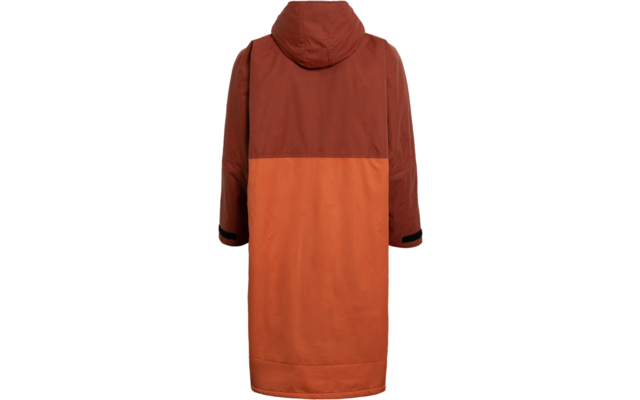 Rückansicht einer zweifarbigen Kapuzenjacke, dunkeloranges Oberteil und helloranges Unterteil, lange Ärmel, schwarzer Saum an den Ärmeln, vor weißem Hintergrund