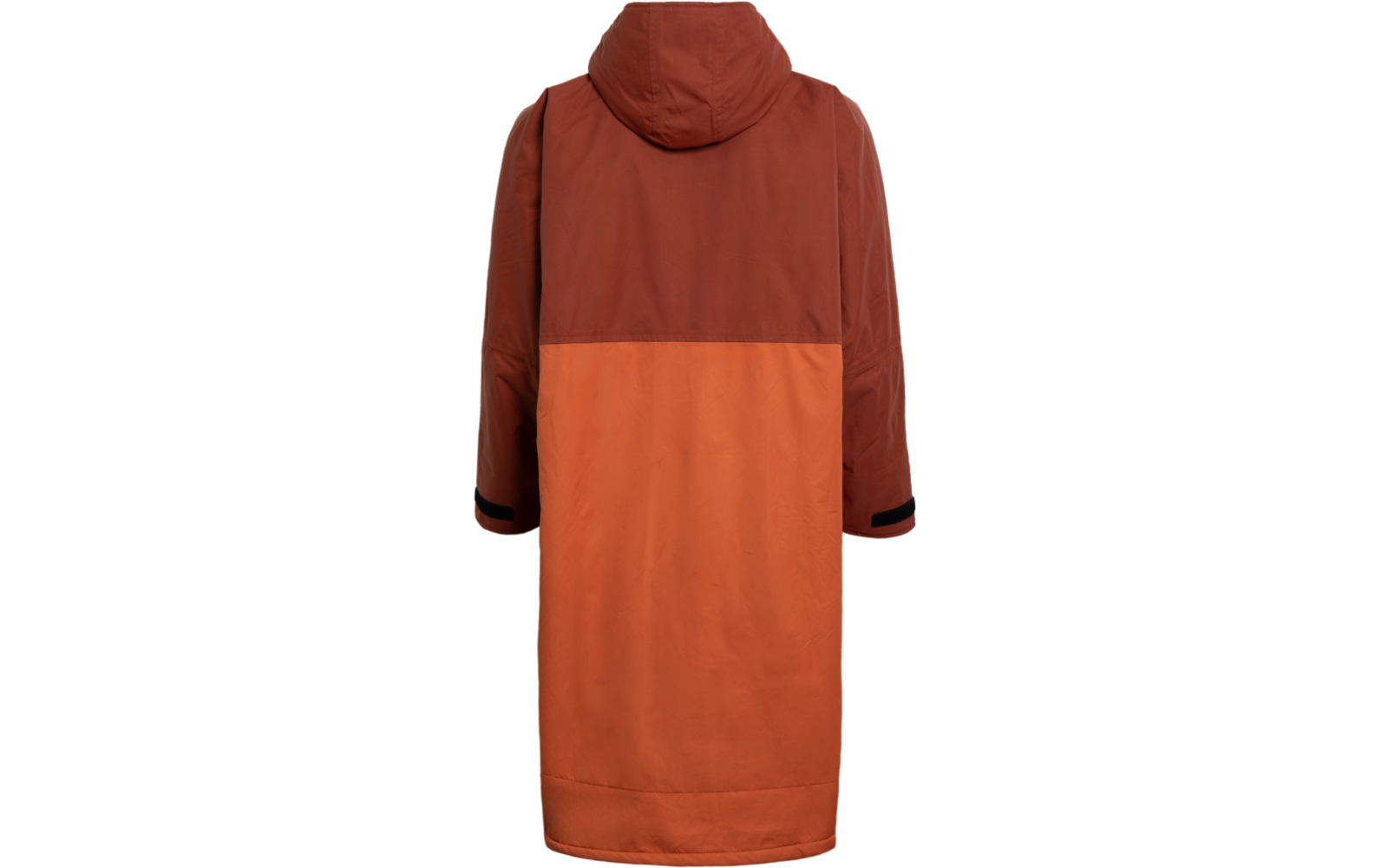 Rückansicht einer zweifarbigen Kapuzenjacke, dunkeloranges Oberteil und helloranges Unterteil, lange Ärmel, schwarzer Saum an den Ärmeln, vor weißem Hintergrund